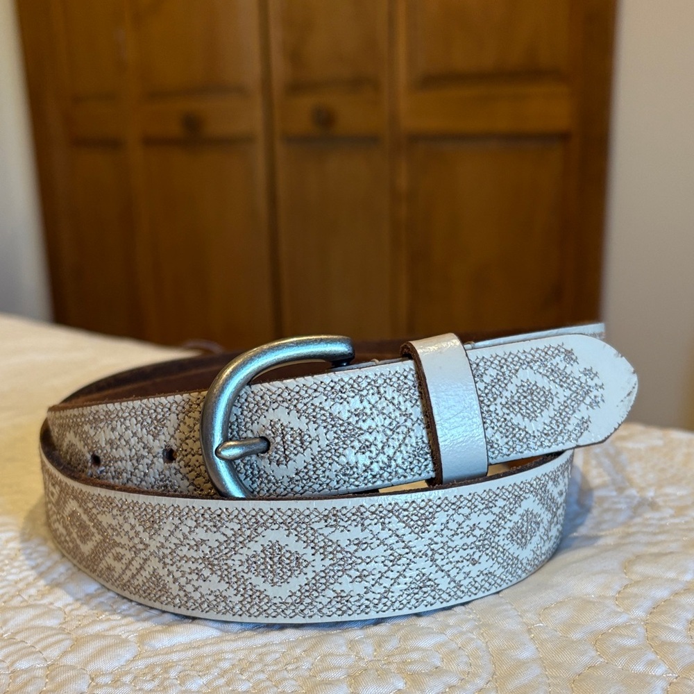 Embroidered Cream and Rosegold Leather Belt with Silver Buckle